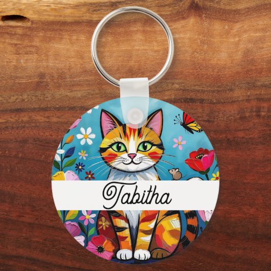 Kleurrijke Kat en Vlinder Gepersonaliseerd Sleutelhanger (Voorkant)