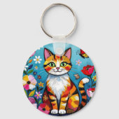 Kleurrijke Kat en Vlinder Gepersonaliseerd Sleutelhanger (Achterkant)