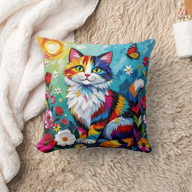 Kleurrijke Kat en Vlinder Kussen (Deken)