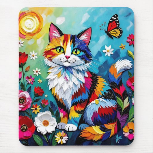 Kleurrijke Kat en Vlinder Muismat (Voorkant)