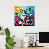 Kleurrijke Kat en Vlinder Poster (Thuiskantoor)