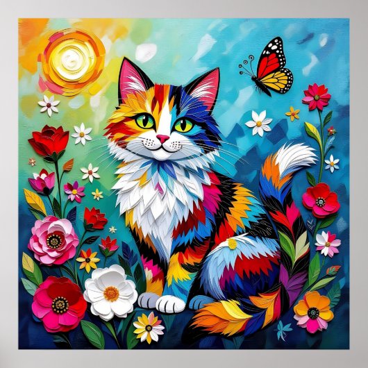 Kleurrijke Kat en Vlinder Poster (Voorkant)