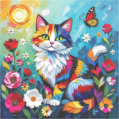 Kleurrijke Kat en Vlinder Sticker (Voorkant)