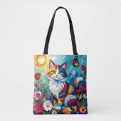 Kleurrijke Kat en Vlinder Tote Bag (Voorkant)
