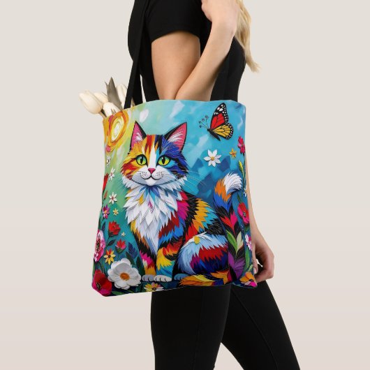 Kleurrijke Kat en Vlinder Tote Bag (Dichtbij)