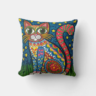 Kleurrijke kat in de Sterrennacht - Mexican Folk A Kussen