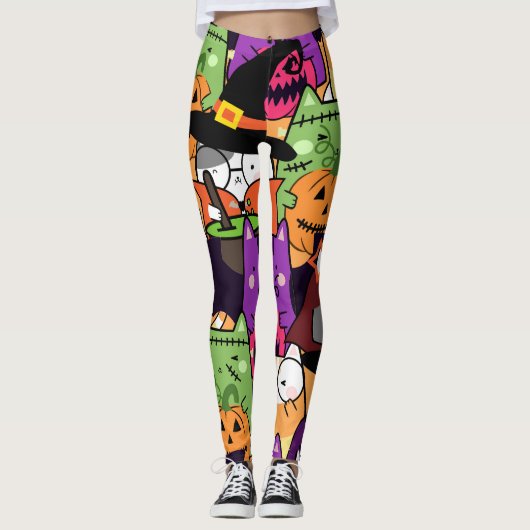 Kleurrijke kat in halloween kostuumpatroon leggings (Voorkant)