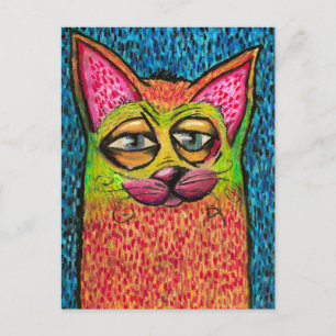 Kleurrijke Kat in Oliepastel Helder Kleuren Gelukk Briefkaart