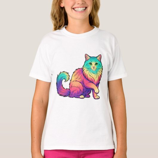 Kleurrijke kat Lange haren kat Liefhebber T-shirt (Voorkant)