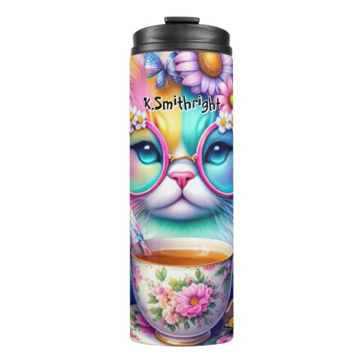 Kleurrijke kat met een bril Drink thee Thermosbeker (Voorkant)