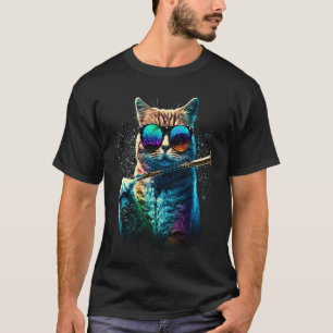 Kleurrijke kat met zonnebril die fluit speelt t-shirt