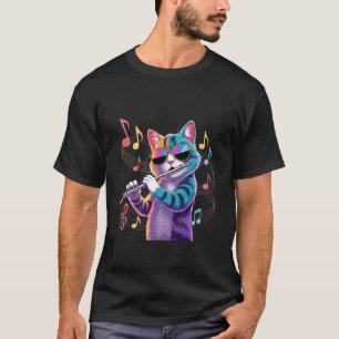 Kleurrijke kat met zonnebril fluit spelend t-shirt
