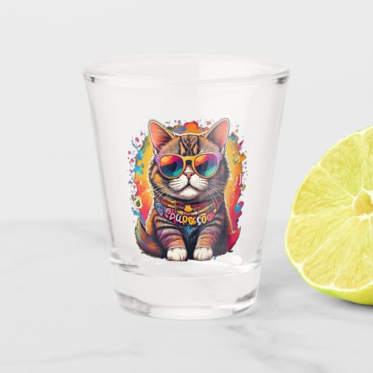 Kleurrijke kat met zonnebril shot glas (Voorkant)