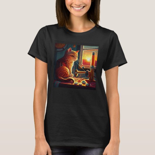 Kleurrijke Kat Naaiend T-shirt (Voorkant)