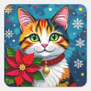 Kleurrijke Kat, Poinsettia's en Sneeuwvlokken Kers Vierkante Sticker