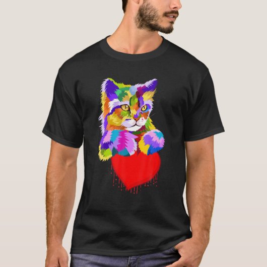 Kleurrijke Kat Schattige Valentijnen Dag Hart voor T-shirt (Voorkant)