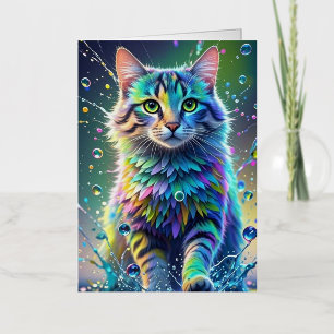 Kleurrijke kat, spetterende verf, kleurbeoordeling folie wenskaart