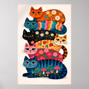 Kleurrijke kat stapel poster, Whimsical bloemendie Poster