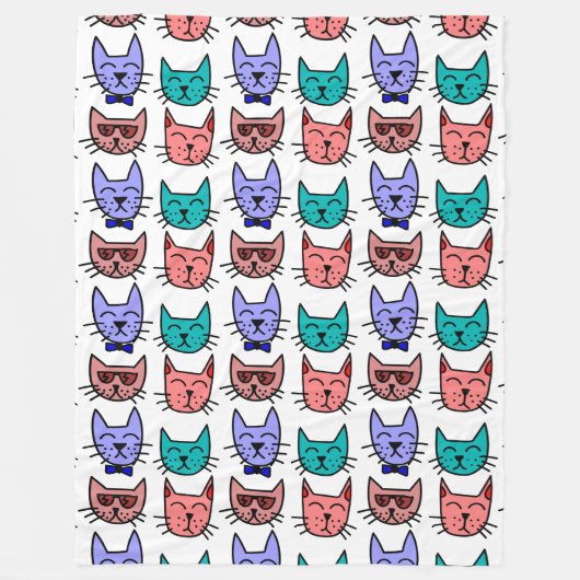 Kleurrijke kat-vlakken Retro Doodles Fleece Blanke (Voorkant)