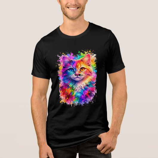 Kleurrijke katillustratie met verfspatten Tri-Blend shirt (Voorkant)