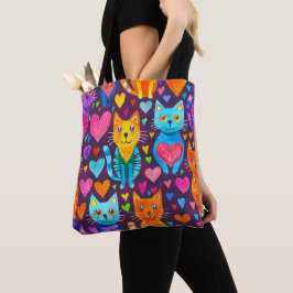 Kleurrijke katjes en paars hartjespatroon tote bag
