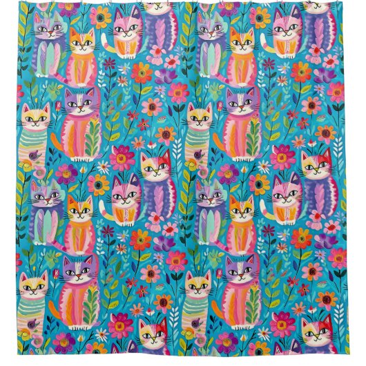 Kleurrijke katten en bloemen grillig douchegordijn (Voorkant)