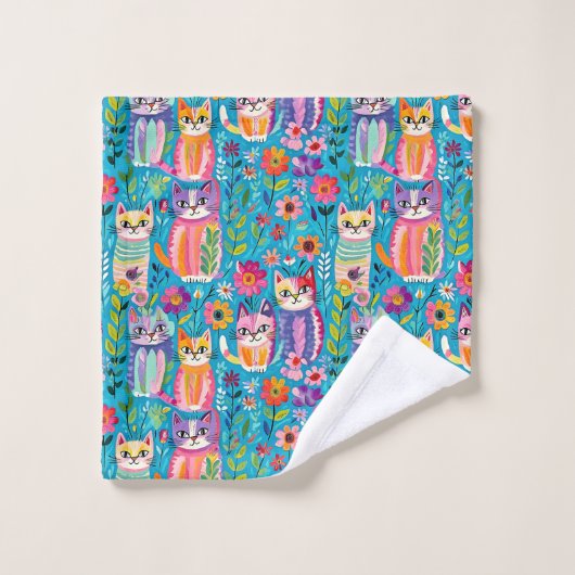 Kleurrijke katten en bloemen grillig gelukkig bad handdoek (Wasdoekje)
