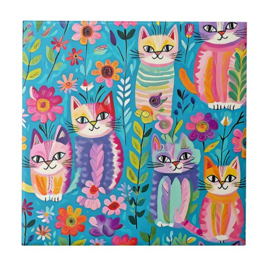 Kleurrijke katten en bloemen grillig gelukkig tegeltje (Voorkant)