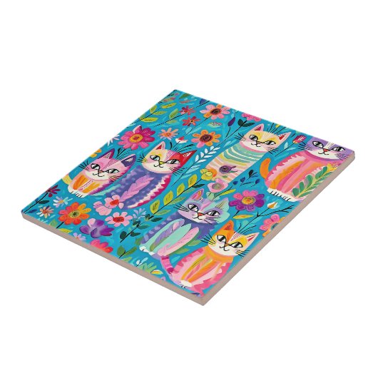 Kleurrijke katten en bloemen grillig gelukkig tegeltje (Zijkant)