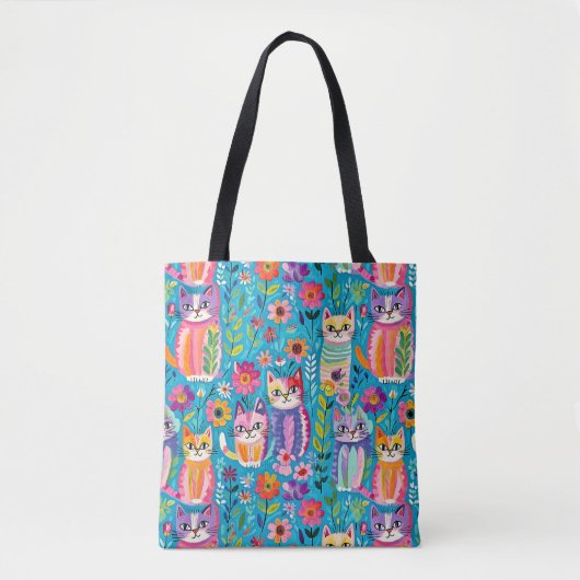Kleurrijke katten en bloemen grillig gelukkig tote bag (Voorkant)