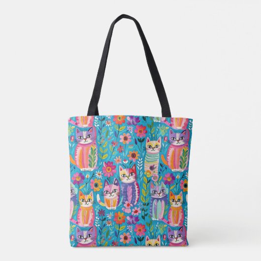 Kleurrijke katten en bloemen grillig gelukkig tote bag (Achterkant)