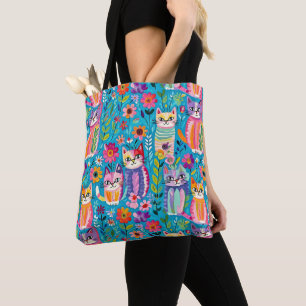 Kleurrijke katten en bloemen grillig gelukkig tote bag