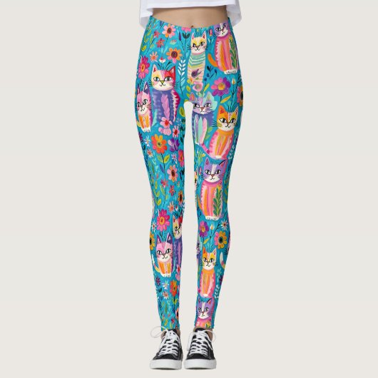 Kleurrijke katten en bloemen grillig leggings (Voorkant)