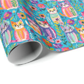Kleurrijke katten en bloemen grillige verjaardag cadeaupapier (Rol Hoek)
