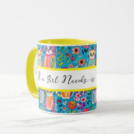 Kleurrijke katten en bloemen grillige verjaardag mok (Voorkant links)