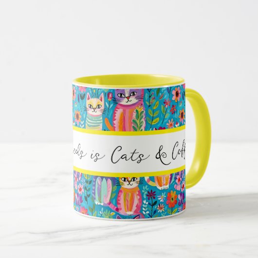 Kleurrijke katten en bloemen grillige verjaardag mok (Voorkant rechts)