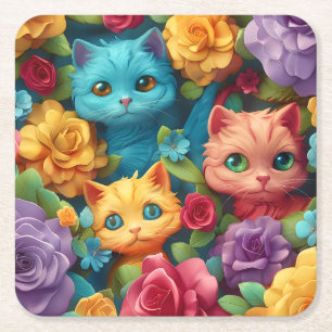Kleurrijke katten en bloemen schattig ontwerp kartonnen onderzetters