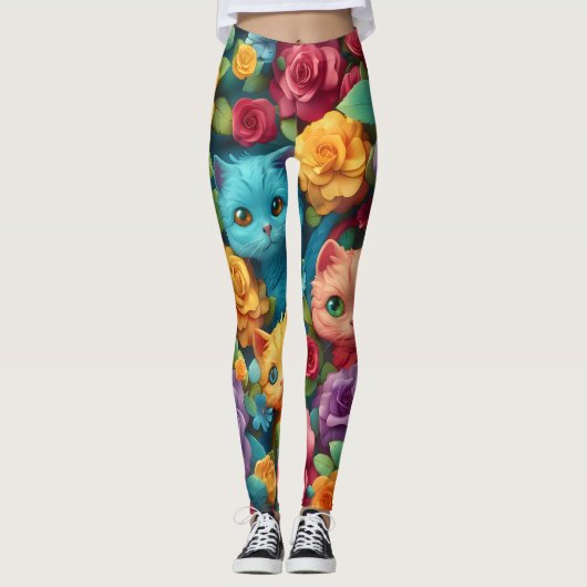 Kleurrijke katten en bloemen schattig ontwerp leggings (Voorkant)