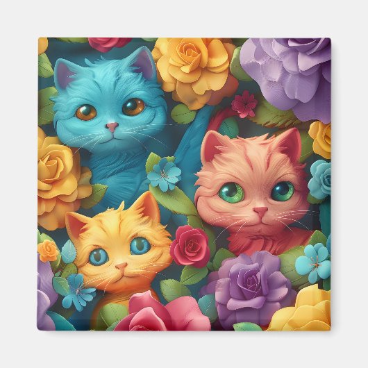 Kleurrijke katten en bloemen schattig ontwerp magneet (Voorkant)