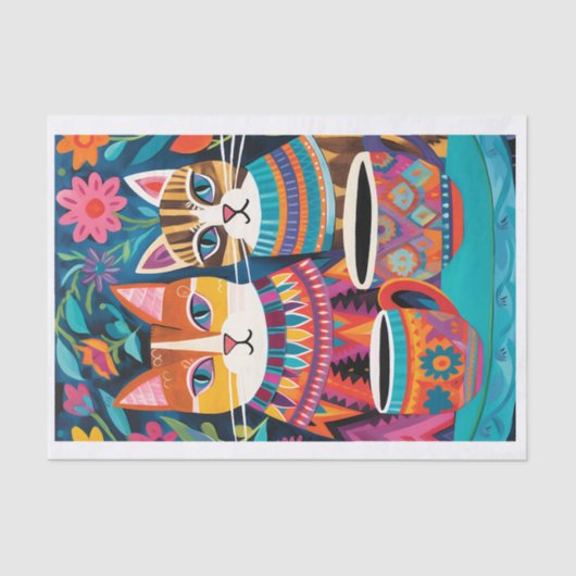 Kleurrijke katten Folk Art Style Decoupage Tissue Tissuepapier (Voorkant)