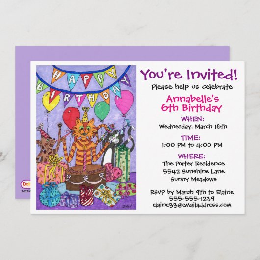 Kleurrijke katten verjaardagsfeestje kaart (Voorkant / Achterkant)