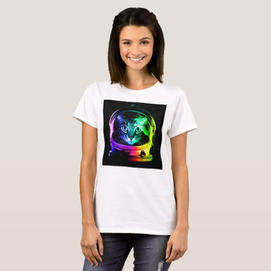 Kleurrijke kattenastronaut t-shirt (Voorkant volledig)