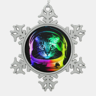 Kleurrijke kattenastronaut tin sneeuwvlok ornament