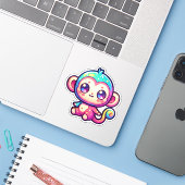 Kleurrijke Kawaii aap met sprankelende ogen Sticker (Laptop met iPhone)