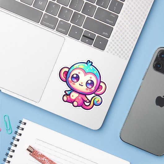 Kleurrijke Kawaii aap met sprankelende ogen Sticker (Laptop met iPhone)
