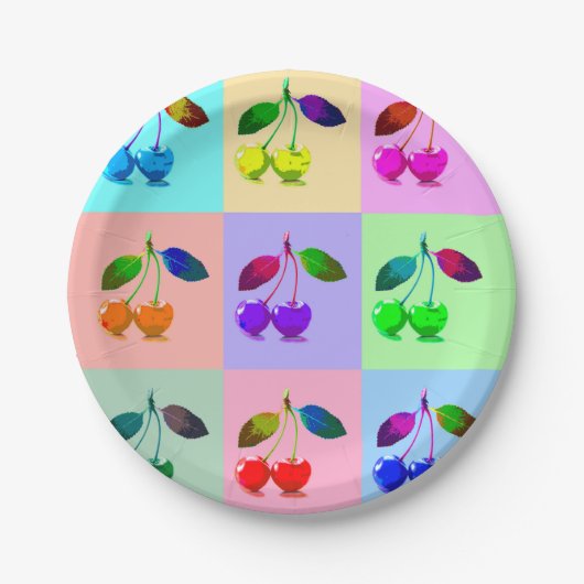 Kleurrijke kersen - Pop kunst Papieren Bordje (Voorkant)