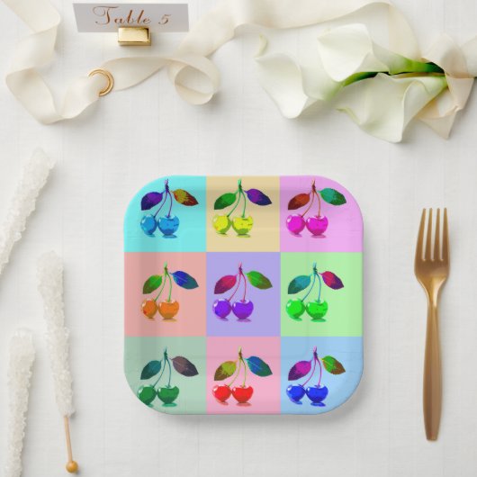 Kleurrijke kersen - Pop kunst Papieren Bordje (Huwelijk)