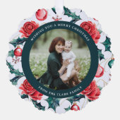 Kleurrijke kerst botanische bloemen foto-groen ornament kaart (Voorkant)