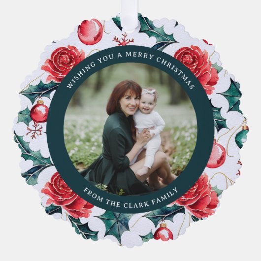 Kleurrijke kerst botanische bloemen foto-groen ornament kaart (Voorkant)