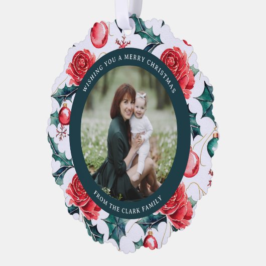 Kleurrijke kerst botanische bloemen foto-groen ornament kaart (Links)